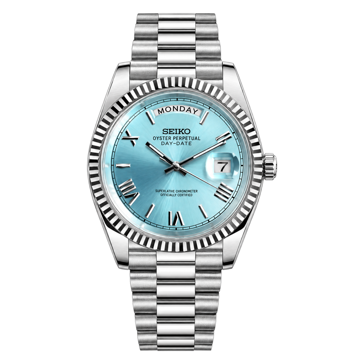 Day-Date (Roman Tiffany) Japanese automatic mod watch. A ice blue dial watch with a fluted bezel and a president bracelet, shown in a full product shot.