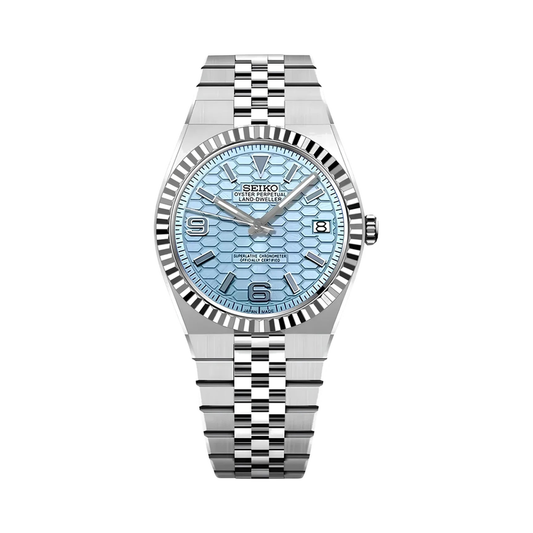 Land-Dweller (Tiffany) Seiko NH35 automatic mod watch. A light blue honeycomb dial watch with a silver fluted bezel and jubilee bracelet shown in a full watch shot.