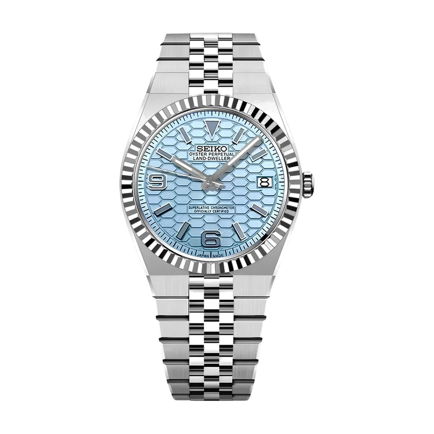 Land-Dweller (Tiffany) Seiko NH35 automatic mod watch. A light blue honeycomb dial watch with a silver fluted bezel and jubilee bracelet shown in a full watch shot.