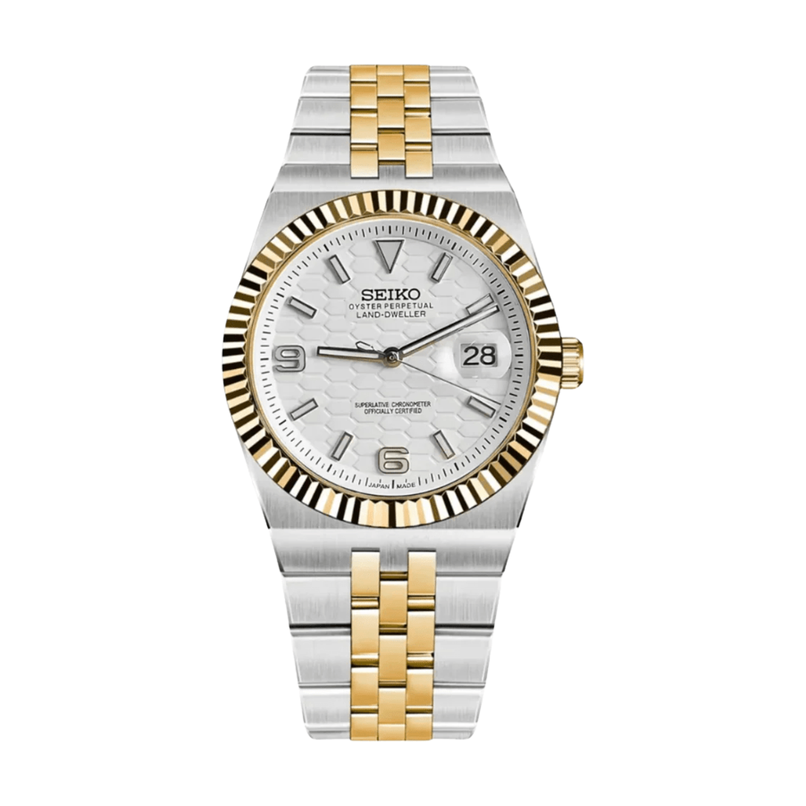 Land-Dweller (Two-Tone White) Seiko NH35 automatic mod watch. A white dial watch with a fluted bezel and a jubilee bracelet, shown in a full product shot.