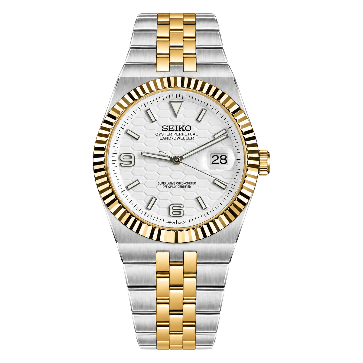 Land-Dweller (Two-Tone White) Seiko NH35 automatic mod watch. A white dial watch with a fluted bezel and a jubilee bracelet, shown in a full product shot.