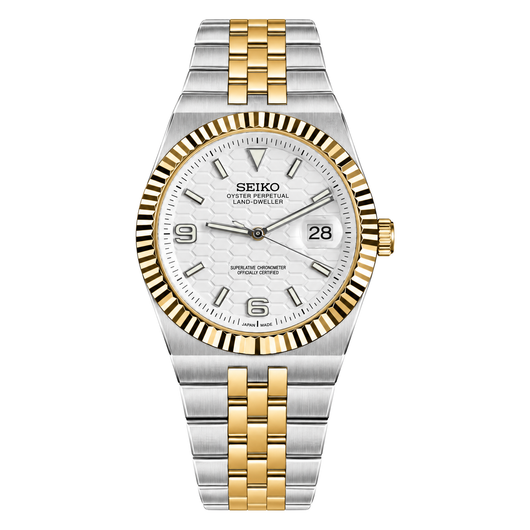 Land-Dweller (Two-Tone White) Seiko NH35 automatic mod watch. A white dial watch with a fluted bezel and a jubilee bracelet, shown in a full product shot.
