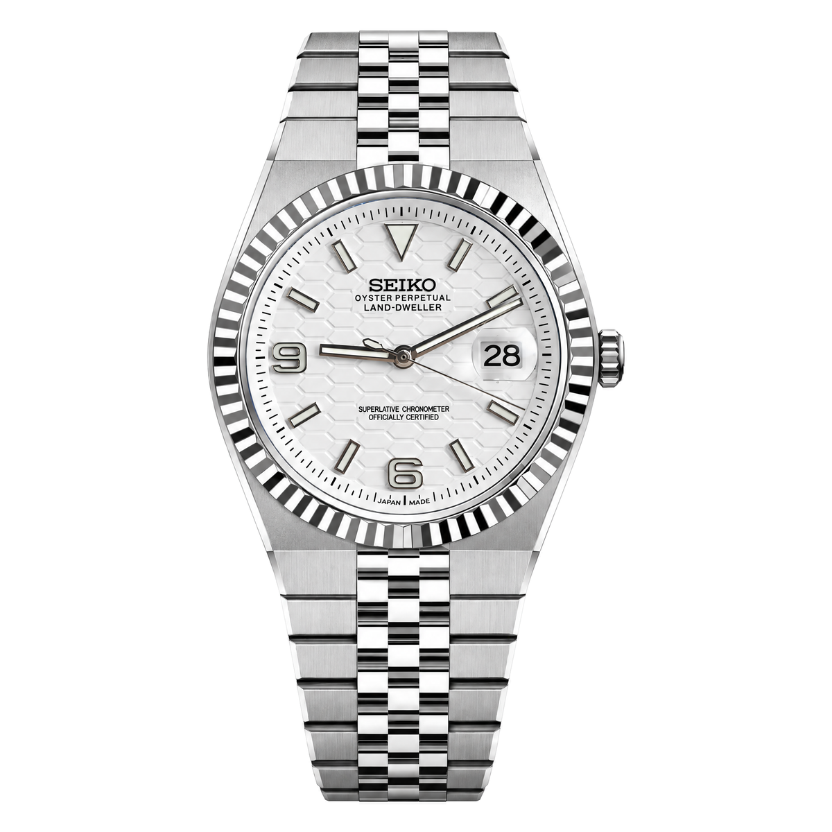Land-Dweller Japanese automatic mod watch. A full watch shot showing a white honeycomb textured dial with a silver fluted bezel and a steel flat link bracelet.