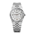 Land-Dweller Japanese automatic mod watch. A full watch shot showing a white honeycomb textured dial with a silver fluted bezel and a steel flat link bracelet.