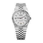Land-Dweller Japanese automatic mod watch. A full watch shot showing a white honeycomb textured dial with a silver fluted bezel and a steel flat link bracelet.