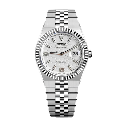 Land-Dweller Japanese automatic mod watch. A full watch shot showing a white honeycomb textured dial with a silver fluted bezel and a steel flat link bracelet.