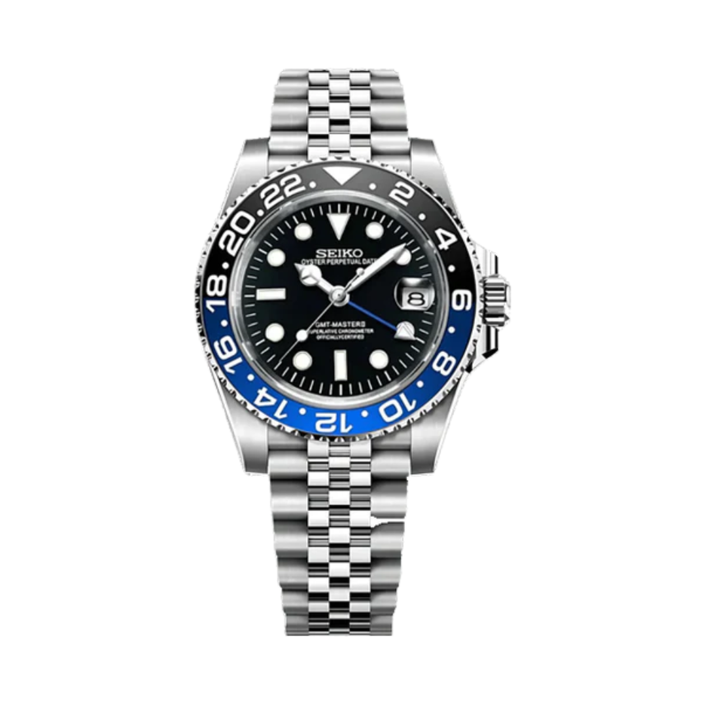 GMT (Batman) Seiko NH34 GMT automatic mod watch. A black dial watch with a blue and black bezel on a silver bracelet shown in a full watch shot.