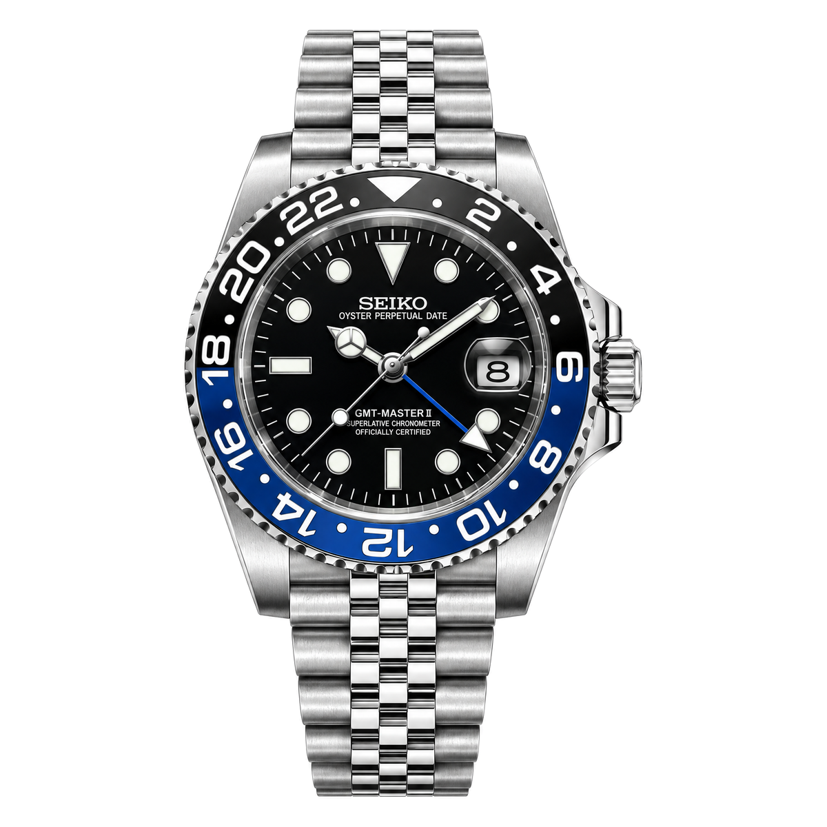 GMT (Batman) Seiko NH34 GMT automatic mod watch. A black dial watch with a blue and black bezel on a silver bracelet shown in a full watch shot.