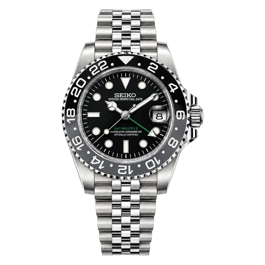 GMT (Bruce Wayne) Seiko NH34 GMT automatic mod watch. A black dial watch with a grey and black bezel on a silver metal bracelet shown in a full watch shot.