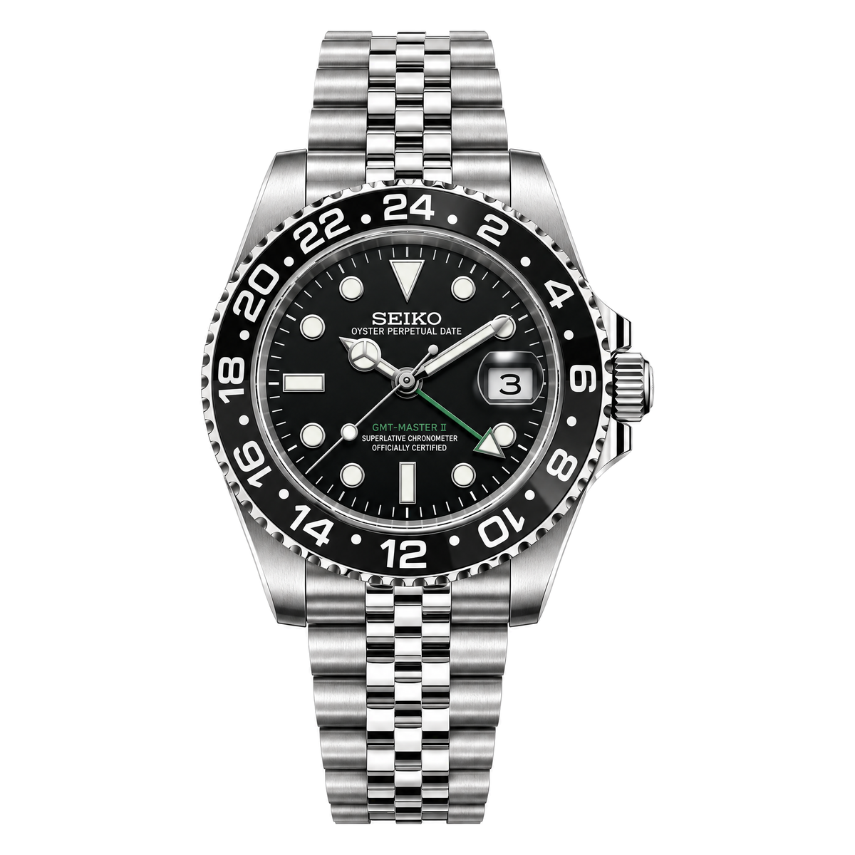 GMT (Bruce Wayne) Seiko NH34 GMT automatic mod watch. A black dial watch with a black bezel on a silver metal bracelet shown in a full watch shot.