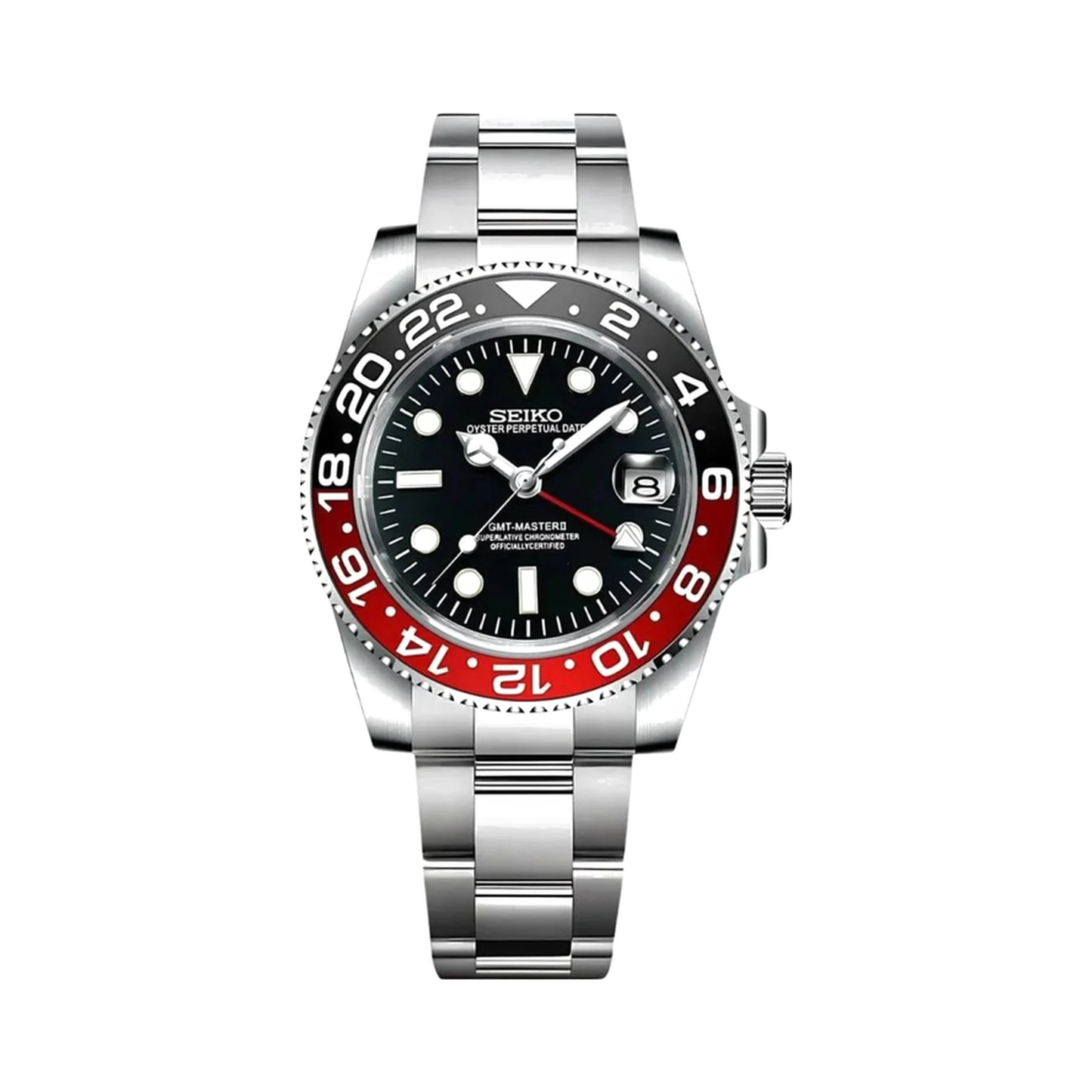 GMT (Coke) Seiko NH34 GMT automatic mod watch. A black dial watch with a black and red bezel on a metal link bracelet shown in a full watch shot.