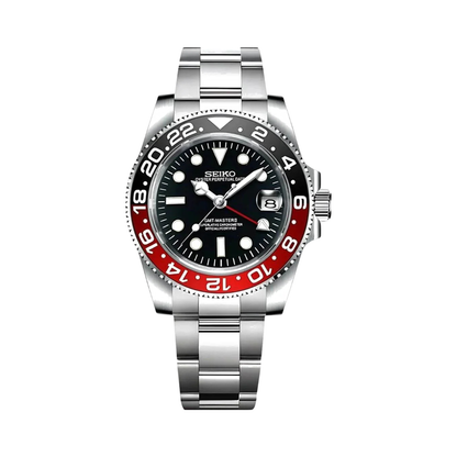 GMT (Coke) Seiko NH34 GMT automatic mod watch. A black dial watch with a black and red bezel on a metal link bracelet shown in a full watch shot.