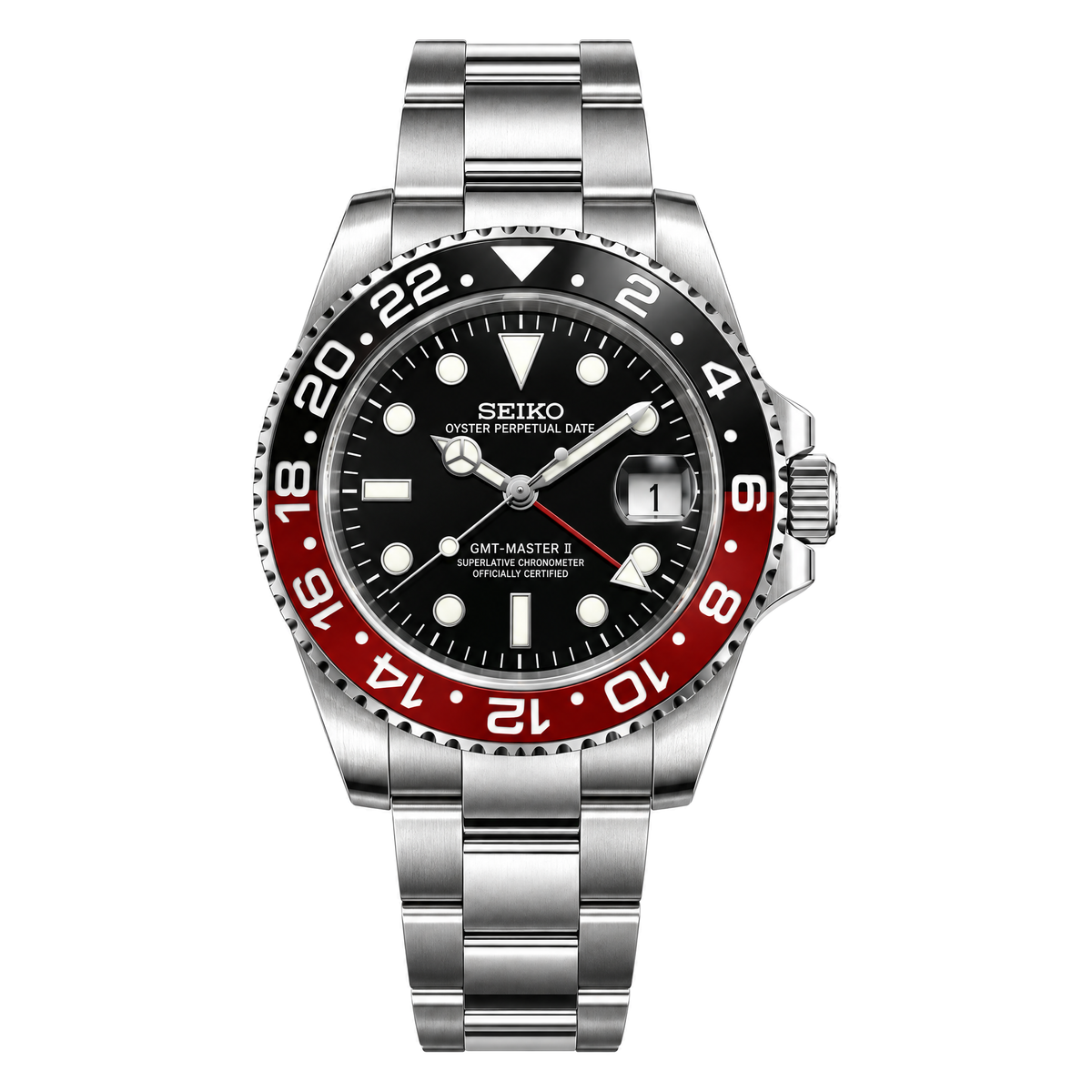 GMT (Coke) Seiko NH34 GMT automatic mod watch. A black dial watch with a black and red bezel on a metal link bracelet shown in a full watch shot.
