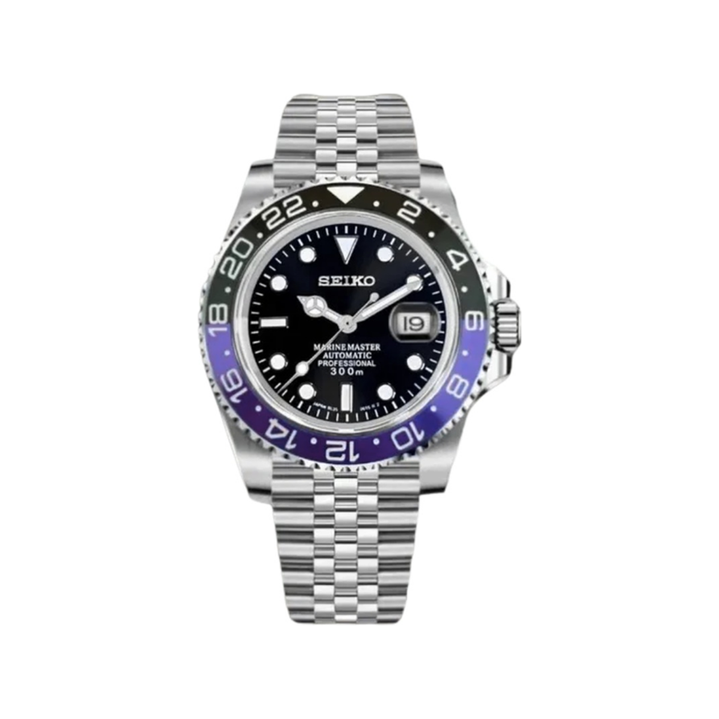 GMT (Pepsi) Seiko NH34 GMT automatic mod watch. A black dial watch with a blue and red bezel on a silver jubilee bracelet shown in a full watch shot.