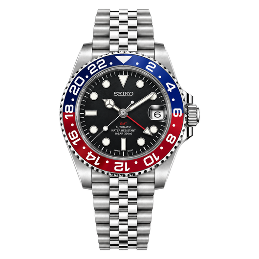 GMT Pepsi. Black dial, red and blue bezel, jubilee bracelet.