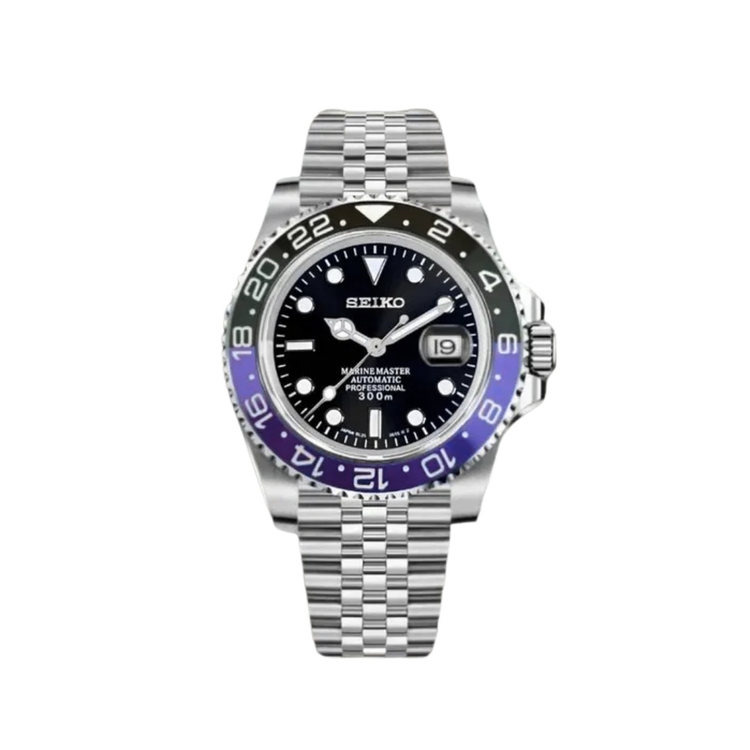 SeikGMT (Pepsi) Seiko NH34 GMT automatic mod watch. A full watch shot shows a black dial with a blue and red bezel on a silver jubilee style bracelet.