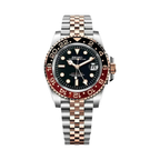 GMT (Rootbeer) Seiko NH34 GMT automatic mod watch. A black dial watch with a black and rose gold bezel on a two tone oyster bracelet shown in a full watch shot.