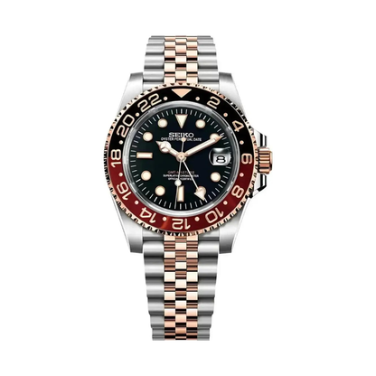 GMT (Rootbeer) Seiko NH34 GMT automatic mod watch. A black dial watch with a black and rose gold bezel on a two tone oyster bracelet shown in a full watch shot.