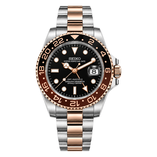 GMT (Rootbeer) Seiko NH34 GMT automatic mod watch. A black dial watch with a black and rose gold bezel on a two tone oyster bracelet shown in a full watch shot.
