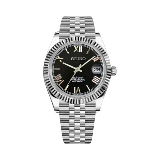 Datejust (Black Roman) Seiko NH35 automatic mod watch. A black dial watch with a silver fluted bezel and a jubilee bracelet shown in a full product shot.