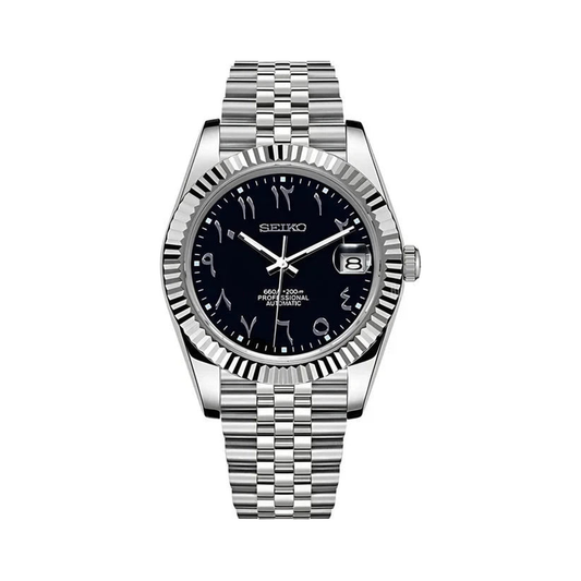 Datejust (Arabic Black) Seiko NH35 automatic mod watch. A black dial watch with a silver fluted bezel and a metal jubilee bracelet shown in a full product shot.
