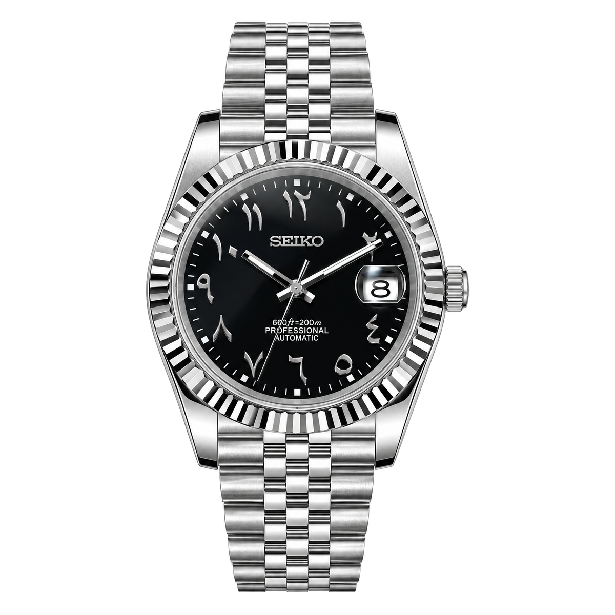 Datejust (Arabic Black) Seiko NH35 automatic mod watch. A black dial watch with a silver fluted bezel and a metal jubilee bracelet shown in a full product shot.