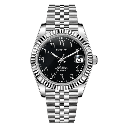 Datejust (Arabic Black) Seiko NH35 automatic mod watch. A black dial watch with a silver fluted bezel and a metal jubilee bracelet shown in a full product shot.