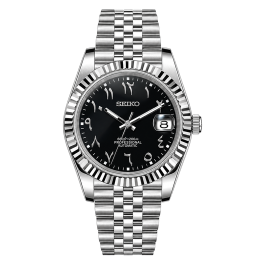 Datejust (Arabic Black) Seiko NH35 automatic mod watch. A black dial watch with a silver fluted bezel and a metal jubilee bracelet shown in a full product shot.