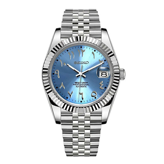 SeikJust (Arabic Blue) Seiko NH35 automatic mod watch. A full watch shot showing a light blue dial with Arabic numerals and a silver fluted bezel on a metal band.