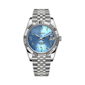 Datejust (Arabic Blue) Seiko NH35 automatic mod watch. A light blue dial watch with a silver fluted bezel and a metal band shown in a full product shot.