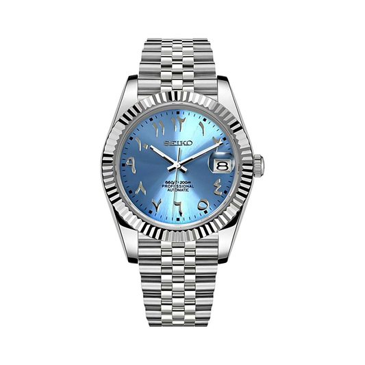 Datejust (Arabic Blue) Seiko NH35 automatic mod watch. A light blue dial watch with a silver fluted bezel and a metal band shown in a full product shot.