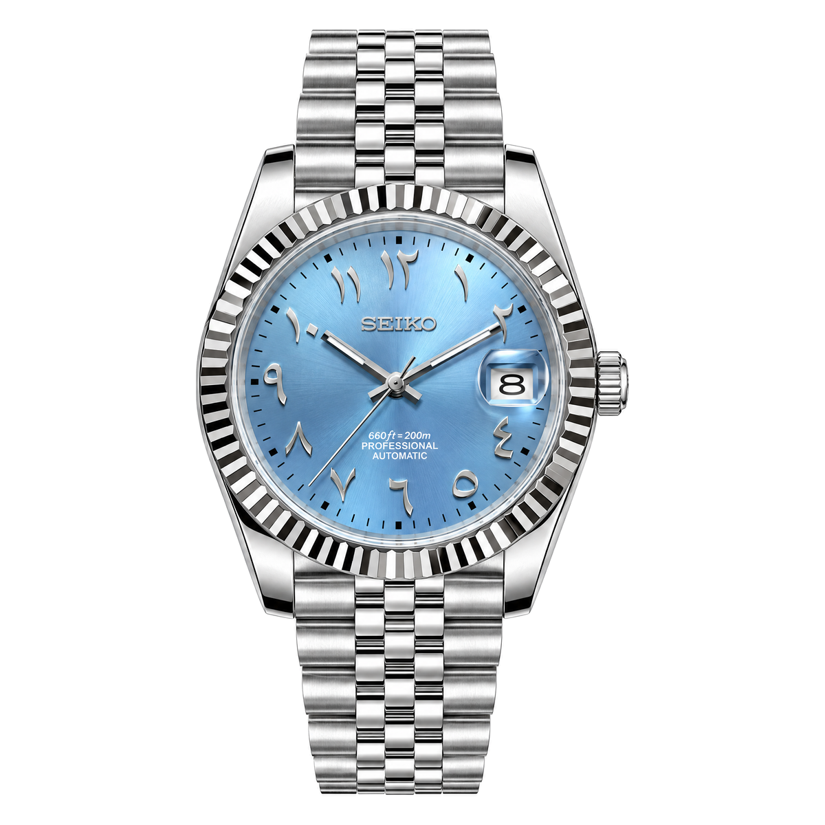 Datejust (Arabic Blue) Seiko NH35 automatic mod watch. A light blue dial watch with a silver fluted bezel and a metal band shown in a full product shot.