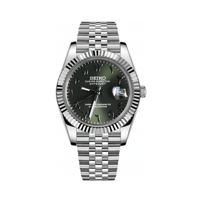 Datejust (Arabic Olive) Seiko NH35 automatic mod watch. A green dial watch with a silver fluted bezel and a silver jubilee bracelet shown in a full product shot.