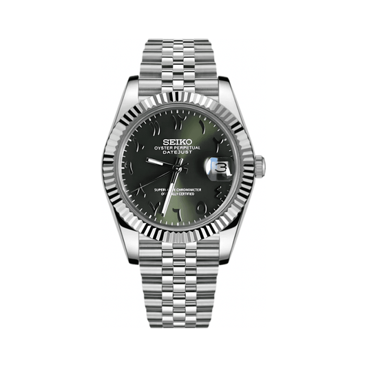 Datejust (Arabic Olive) Seiko NH35 automatic mod watch. A green dial watch with a silver fluted bezel and a silver jubilee bracelet shown in a full product shot.