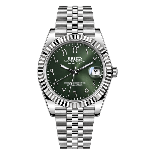 Datejust (Arabic Olive) Seiko NH35 automatic mod watch. A green dial watch with a silver fluted bezel and a silver jubilee bracelet shown in a full product shot.