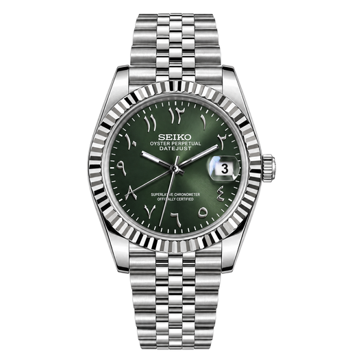 Datejust (Arabic Olive) Seiko NH35 automatic mod watch. A green dial watch with a silver fluted bezel and a silver jubilee bracelet shown in a full product shot.