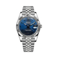 Datejust (Arabic Royal Blue) Seiko NH35 automatic mod watch. A blue dial watch with a silver fluted bezel and a jubilee bracelet shown in a full product shot.