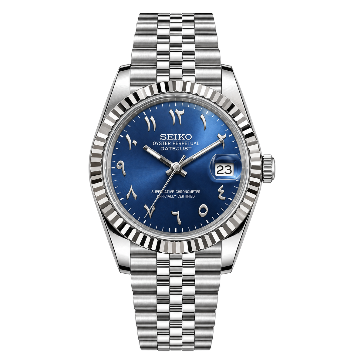 Datejust (Arabic Royal Blue) Seiko NH35 automatic mod watch. A blue dial watch with a silver fluted bezel and a jubilee bracelet shown in a full product shot.