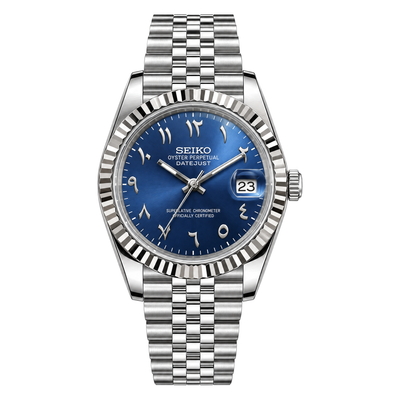 Datejust (Arabic Royal Blue) Seiko NH35 automatic mod watch. A blue dial watch with a silver fluted bezel and a jubilee bracelet shown in a full product shot.