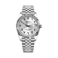 Datejust (Arabic White) Seiko NH35 automatic mod watch. A white dial with Arabic numerals, a silver fluted bezel and a jubilee bracelet, on a plain white background.