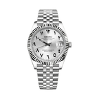 Datejust (Arabic White) Seiko NH35 automatic mod watch. A white dial with Arabic numerals, a silver fluted bezel and a jubilee bracelet, on a plain white background.