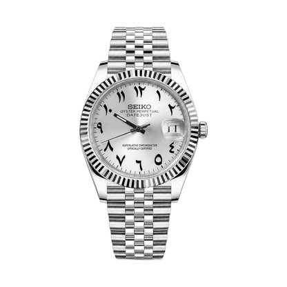 Datejust (Arabic White) Seiko NH35 automatic mod watch. A white dial with Arabic numerals, a silver fluted bezel and a jubilee bracelet, on a plain white background.