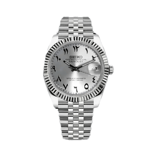 Datejust (Arabic White) Seiko NH35 automatic mod watch. A silver dial watch with a fluted bezel and a jubilee bracelet shown in a full product shot.