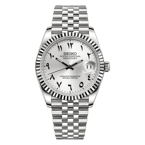Datejust (Arabic White) Seiko NH35 automatic mod watch. A white dial with Arabic numerals, a silver fluted bezel and a jubilee bracelet, on a plain white background.