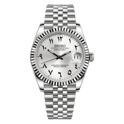 Datejust (Arabic White) Seiko NH35 automatic mod watch. A white dial with Arabic numerals, a silver fluted bezel and a jubilee bracelet, on a plain white background.