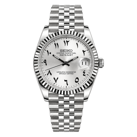 Datejust (Arabic White) Seiko NH35 automatic mod watch. A white dial with Arabic numerals, a silver fluted bezel and a jubilee bracelet, on a plain white background.