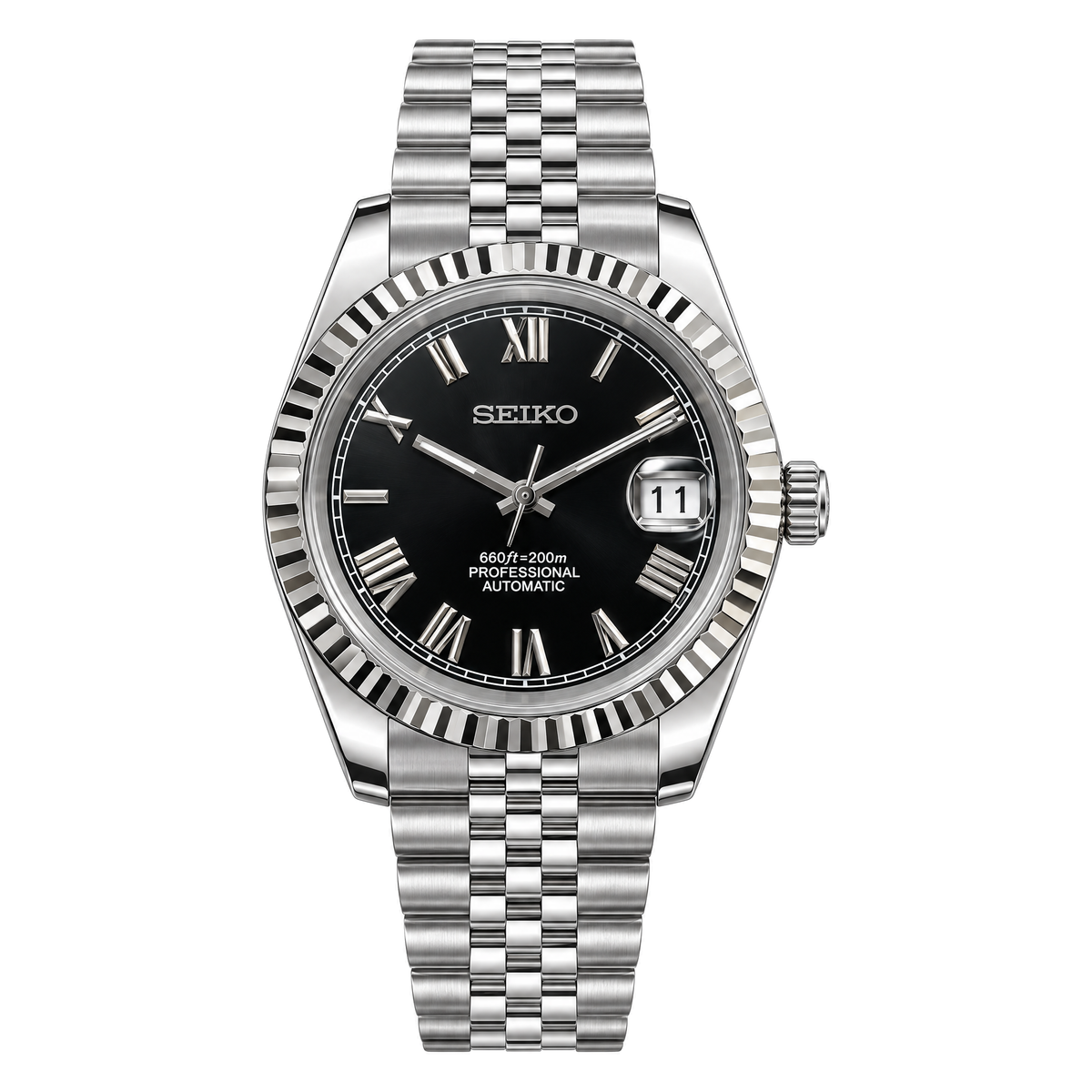 Datejust (Black Roman) Seiko NH35 automatic mod watch. A black dial watch with a silver fluted bezel and a jubilee bracelet shown in a full product shot.