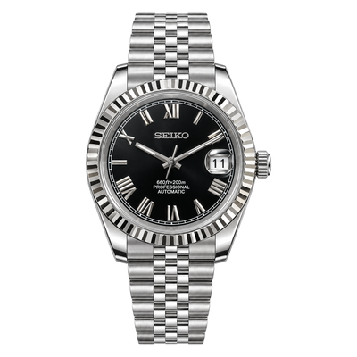 Datejust (Black Roman) Seiko NH35 automatic mod watch. A black dial watch with a silver fluted bezel and a jubilee bracelet shown in a full product shot.