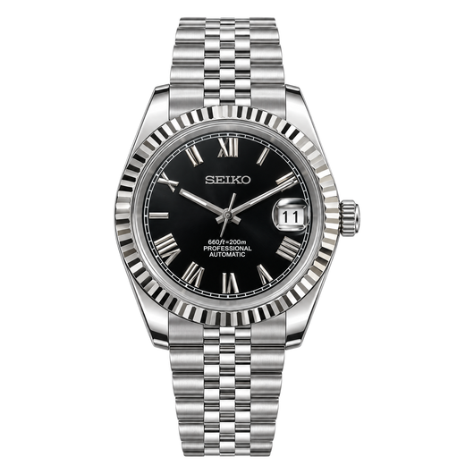 Datejust (Black Roman) Seiko NH35 automatic mod watch. A black dial watch with a silver fluted bezel and a jubilee bracelet shown in a full product shot.
