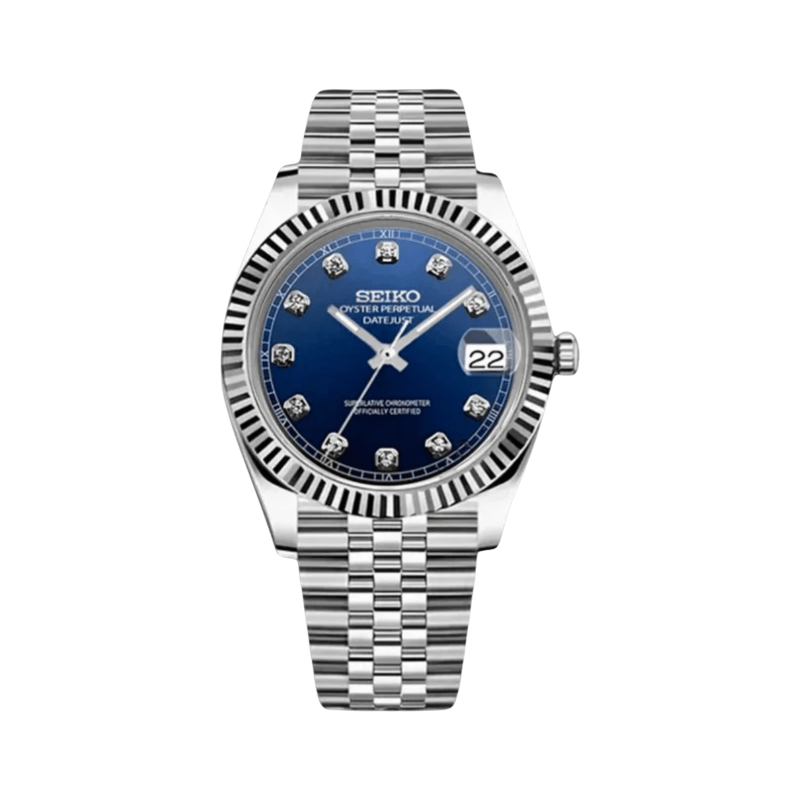 Datejust (Blue Gem) Seiko NH35 automatic mod watch. A blue dial watch with a fluted bezel and a jubilee bracelet, shown in a full product shot.